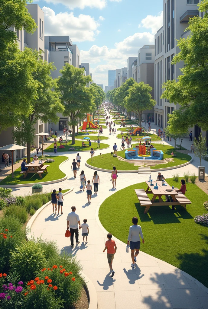 I want an image that represents this text An urban park designed with play areas, spaces for events and picnic areas that encourage different groups of people to come together, interact and enjoy the space together.