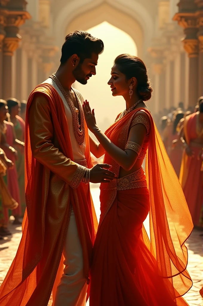 A grand, cinematic spectacle unfolds as a tall, thin, dark-skinned South Indian king, adorned in a full-sleeved king's dress without a crown, dances with fervor to the rhythm of the Tamil song "Ponmagal vandhaal.. Porul kodi thandhal.. Ponmagal vandhaal.. Porul kodi thandhal.. Poo medai vaasal pongum thaenaaga". His queen, a chubby, fair-skinned woman with a big navel, wears a traditional queen's dress, also without a crown. She sports a short sides haircut with a long angular comb-over, while her saree is thin and adorned with a v-neck blouse, a see-through blouse, and a see-through saree.