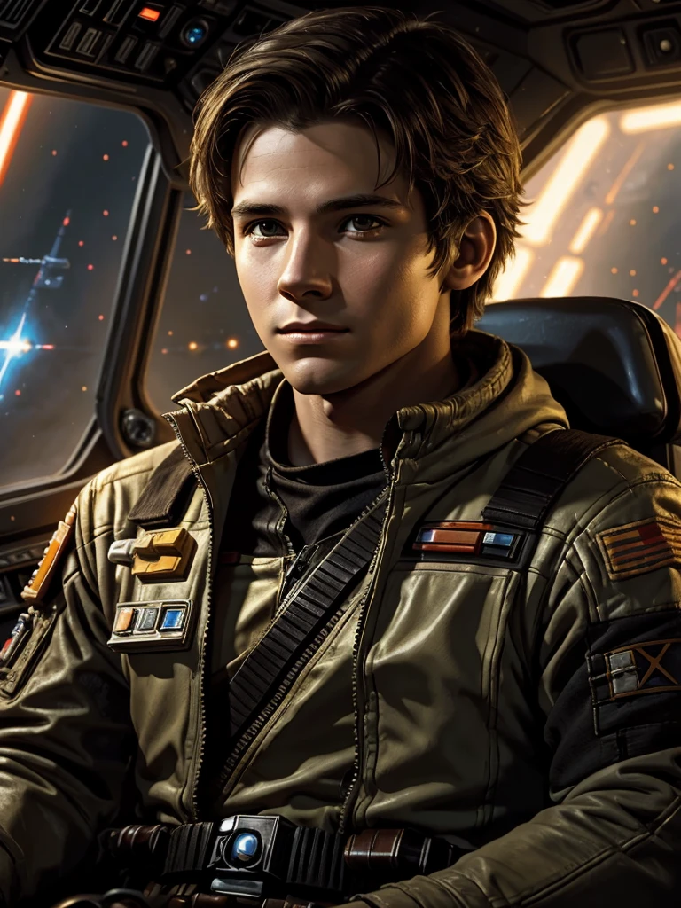 portrait of a young 21 year old male rebel alliance pilot from naboo, x-wing fighter cockpit, lucas arts, star wars