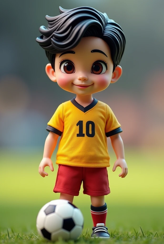 Create a soccer player doll wearing the number 10 jersey , blackquality hair, slanted eyes, smiling, com 10 anos de idade
