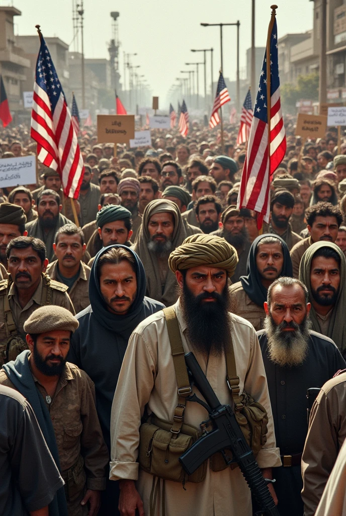 Show a lot of Afghan People and Taliban that They are holding many many signs that writte Fuck USA