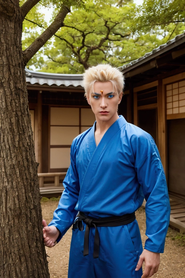A young ninja with spiky blonde hair and bright blue eyes, wearing an orange jumpsuit with black accents. He has three whisker-like marks on each cheek. He stands confidently, with a determined expression on his face, in a wooded area typical of a ninja village. In the background, a few traditional Japanese buildings are partially hidden by large trees. The overall atmosphere is dynamic and vibrant, reflecting the character's energy and boldness