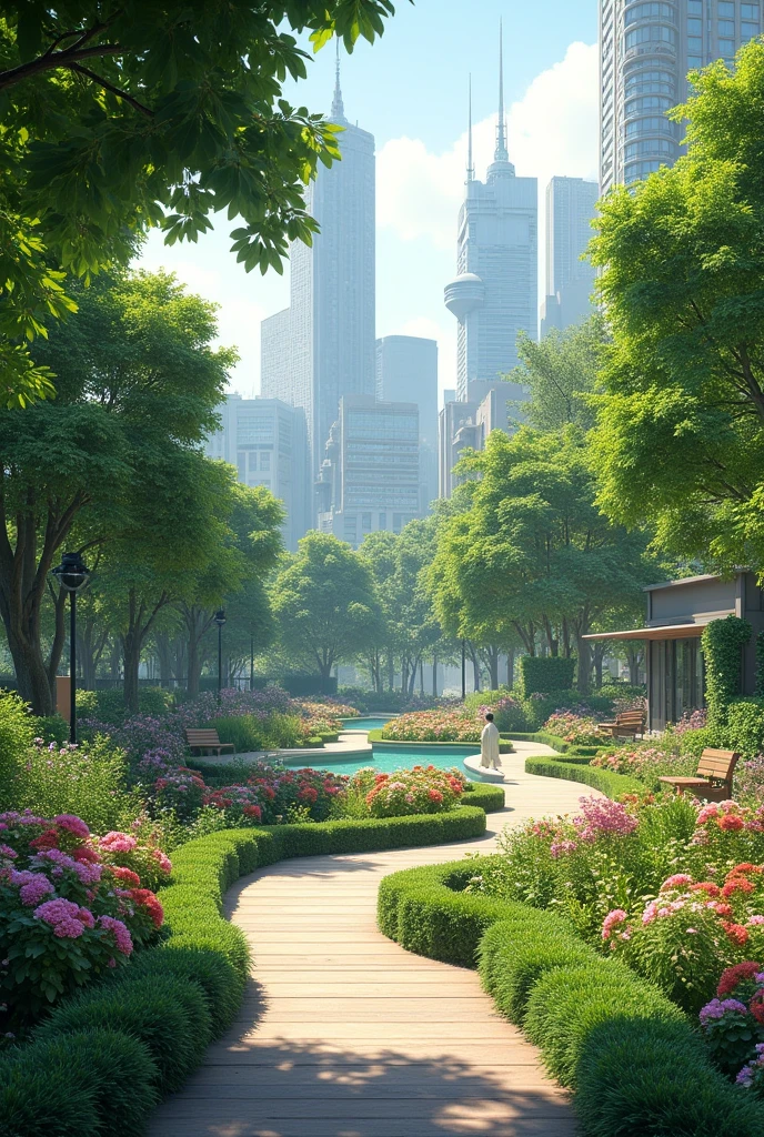 Create the most beautiful image in the world of realistic urban gardens for a school presentation