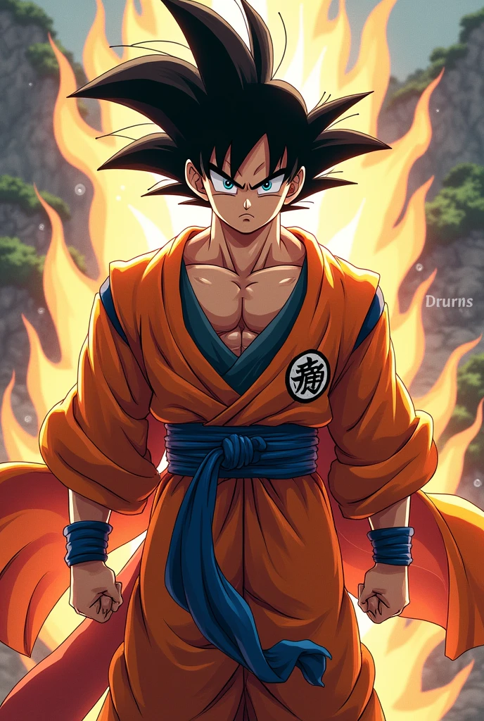 Can you create an image of Goku wearing One Piece clothing? For example, a Wano kimono with black hair and the eyes of Ultra Instinct.