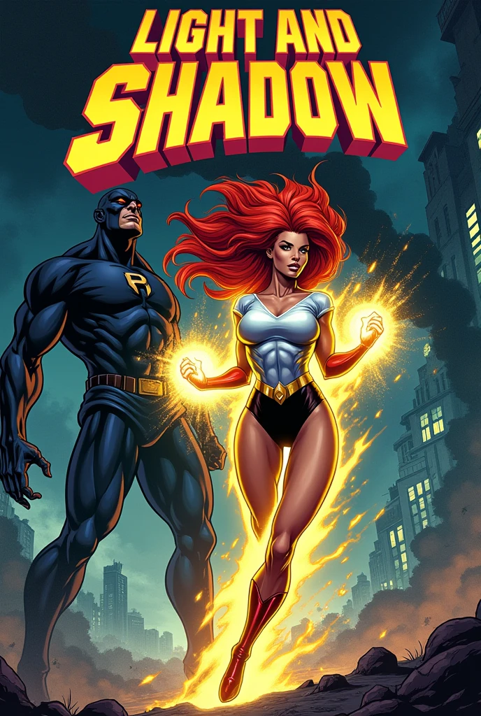 Generate an image of a comic book cover in the style of the 80s, where the superhero is a woman and her power is light and her hair color is red, and the villain is darkness, Put this title: Light and Shadow.