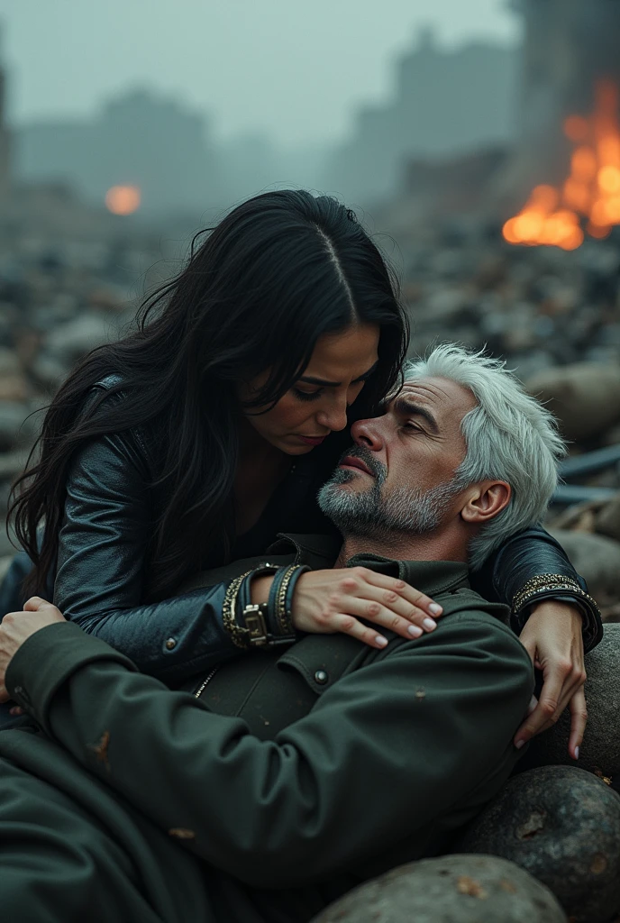 Generate a picture where a where a white hair guy is injured and lying in the lap of a black hair girl who is also injured and barely breathing. The white hair boy should be look at the girl and girl should be looking down at the boy. Behind them should be a battlefield. It should look real like a film scene. 