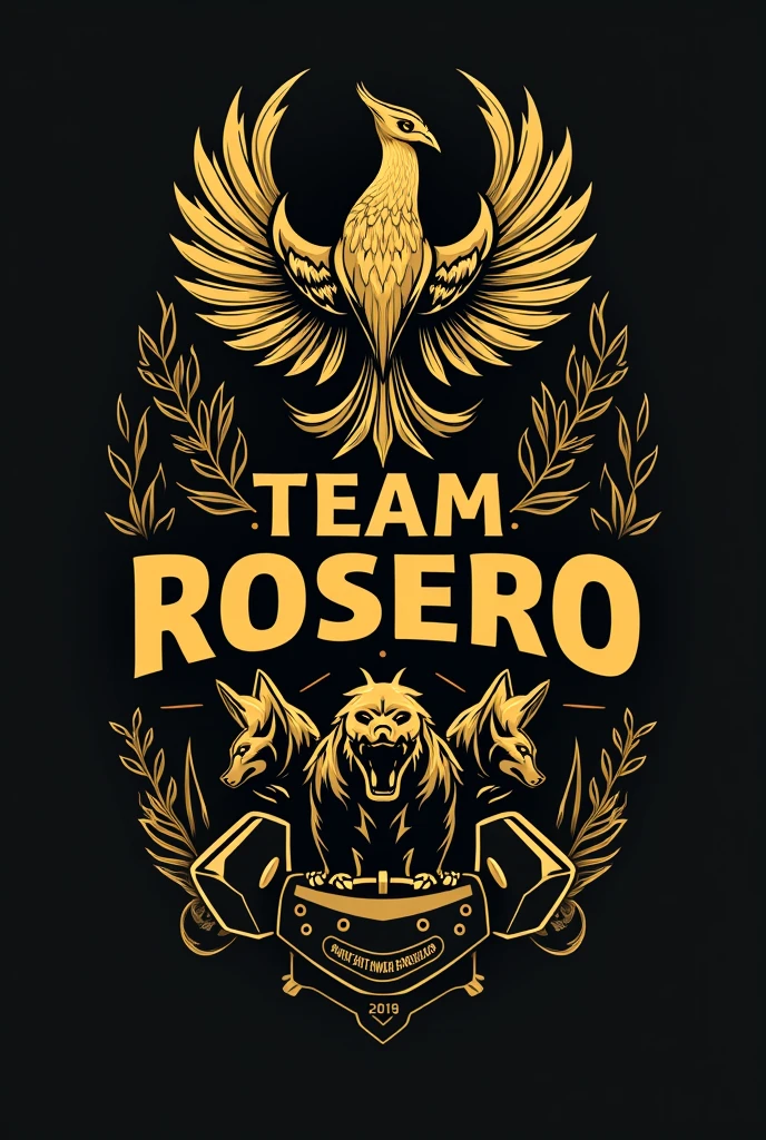 I want a logo with the name Team Rosero in capital letters and an alternative phrase that says a lifestyle , gym look, gold style with phoenix , lobos , force , dumbbells