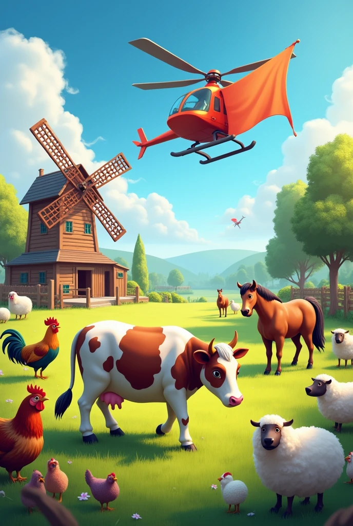  the farm, the cow, chickens, horses, sheep, and a windmill and a helicopter waving a banner 