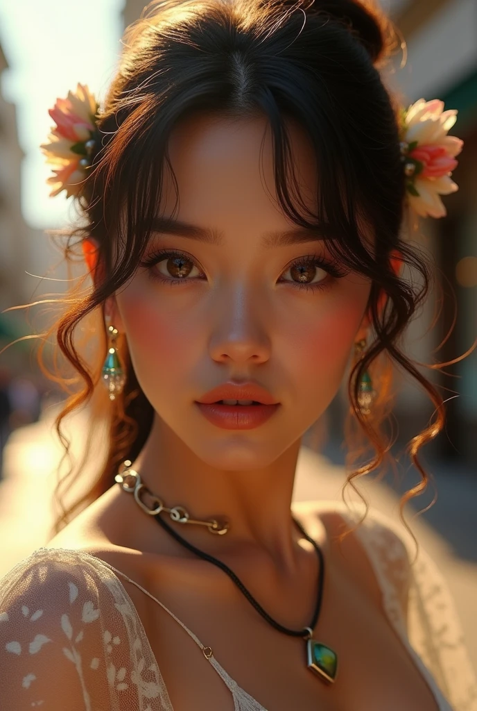 (masterpiece, best of quality, Extremely detailed, High resolution, absurdes, best ilRoomnation, Fine details, bloom, Face of light, Optimal lighting, Fine detailsed beautiful eyes, shiny hair , Perfect face, skin shiny), permanent, outdoor of, depth_of_site, sunlight, daytime, whole body, Dutch_angle, street,, Room_complain, Hair accessories, Black necklace, Star necklace
