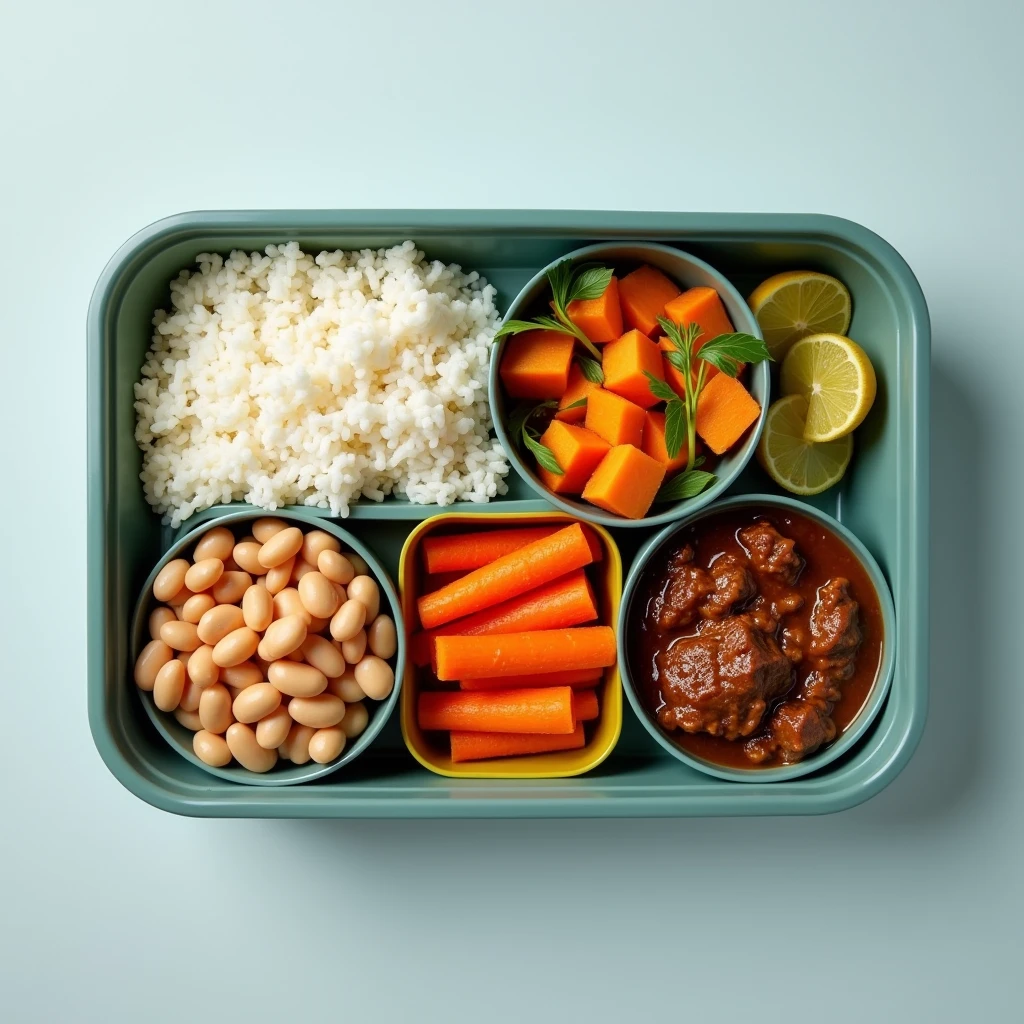 create a fitness lunch box, with rice, carrot, beans and diced beef stew, foods side by side in portions