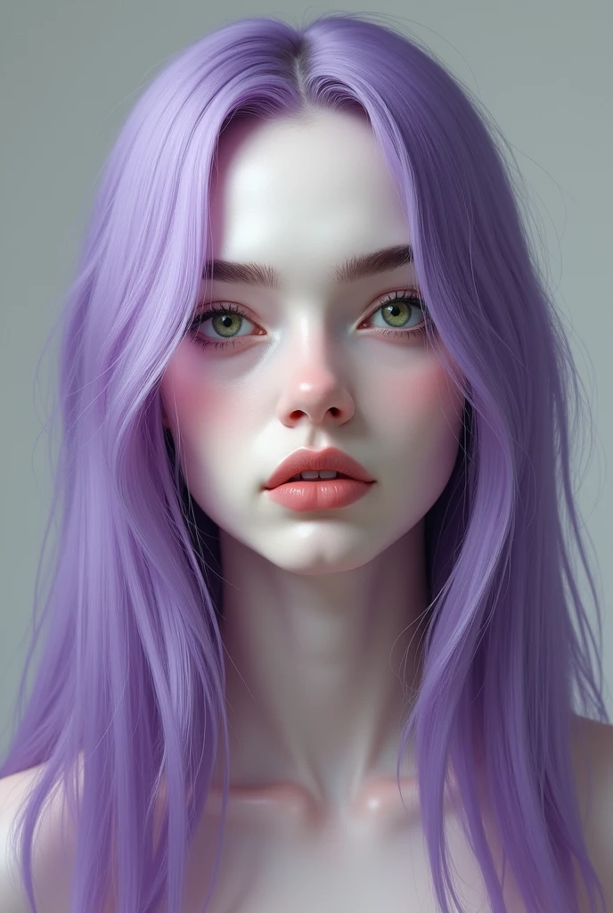 non binary person, white pale, with masculine features, green eyes, thick eybrows, wide jawline, lavender long straight hair