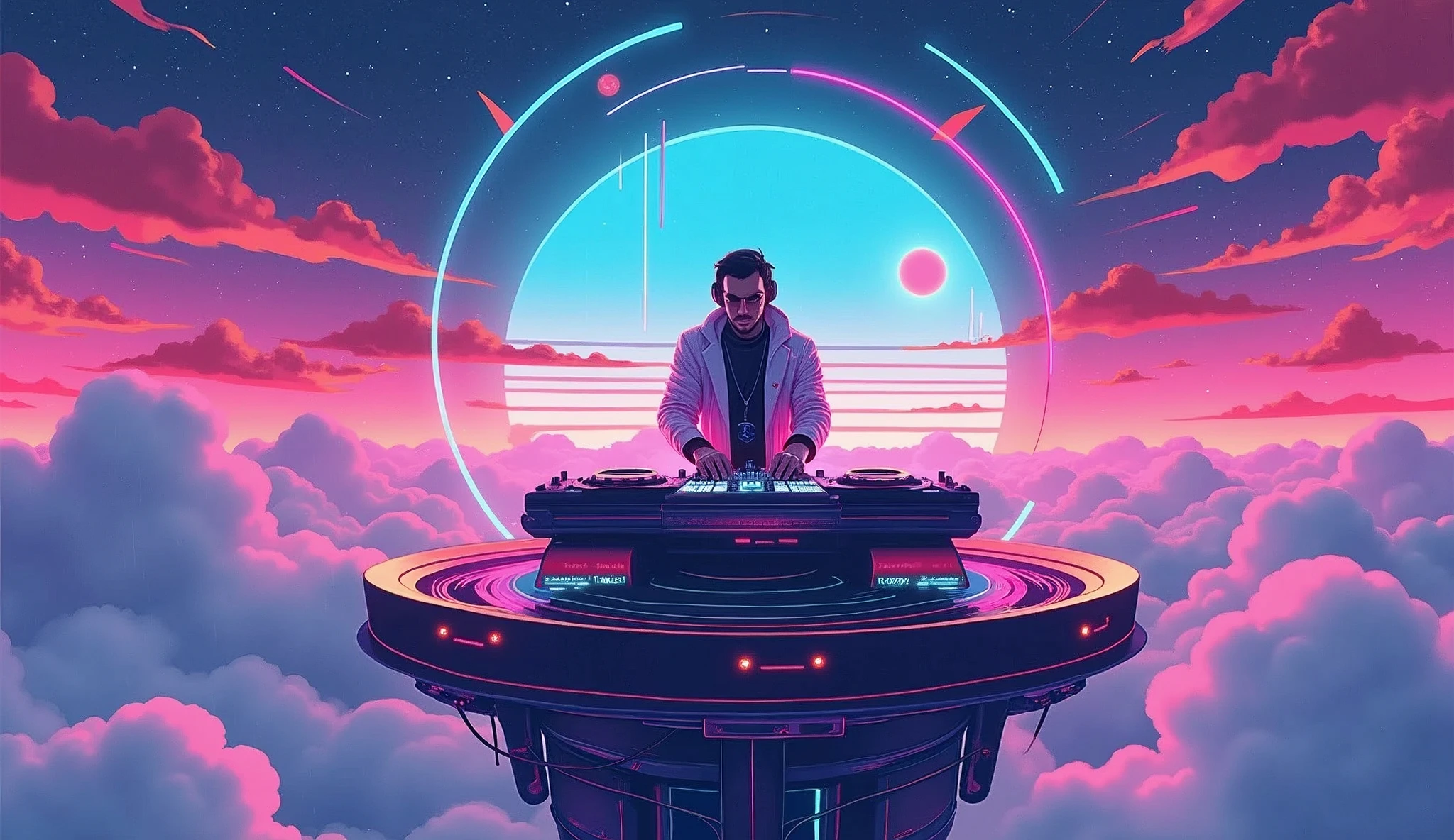 illustration a dj above the clouds, edm music, neon energy