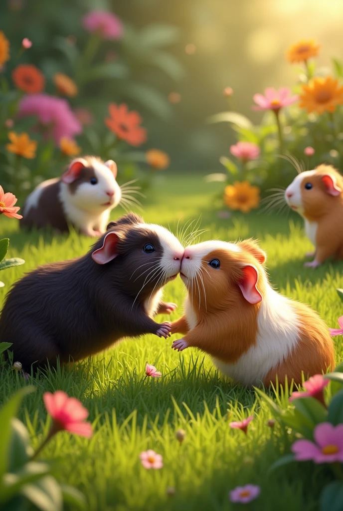 The guinea pigs are fighting over the grass in the garden and one is looking from a distance