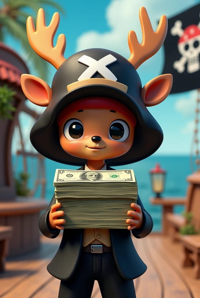 3d character, with tony tony chopper's hat, glasses, Black Suit, and holding large bills of money in his hand. pirate themed background