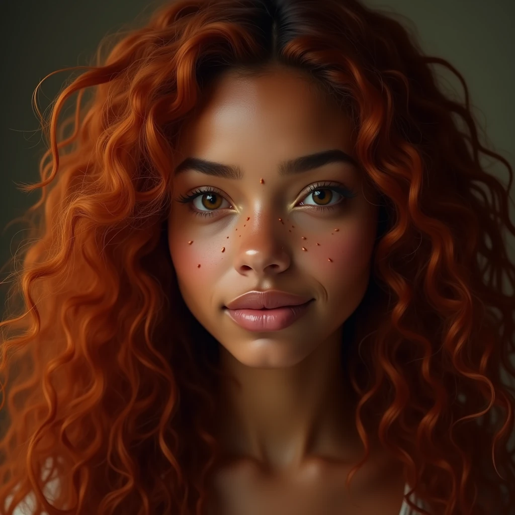 a beautiful young black woman, 26 years old, with long curly readhead hair, red hair, detailed perfect skin, beautiful almond clear yellow eyes, delicate nose and lips, Task of freckles, height 170 cm, weight 75kg, realist, (Best Quality,4k,8k,High resolution,masterpiece:1.2),ultra detailed,(realist,photorealist,photo-realist:1.37),HdR,HD,studio lighting,Ultrafine paint,sharp focus,physically based rendering,extreme detailed description,professional,vivid colors,bokeh,portrait