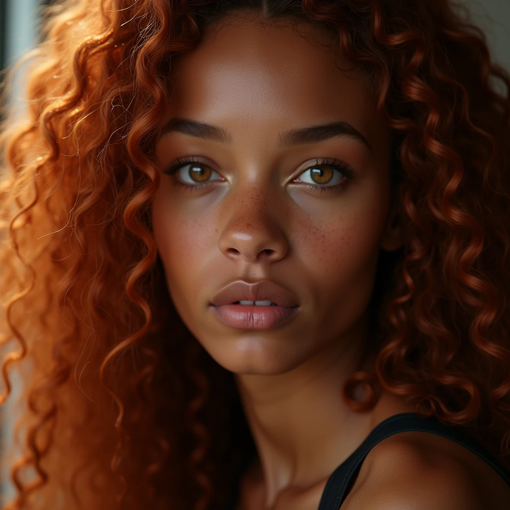a beautiful young black woman, 26 years old, with long curly readhead hair, red hair, detailed perfect skin, beautiful almond clear yellow eyes, delicate nose and lips, Task of freckles, height 170 cm, weight 75kg, realist, (Best Quality,4k,8k,High resolution,masterpiece:1.2),ultra detailed,(realist,photorealist,photo-realist:1.37),HdR,HD,studio lighting,Ultrafine paint,sharp focus,physically based rendering,extreme detailed description,professional,vivid colors,bokeh,portrait