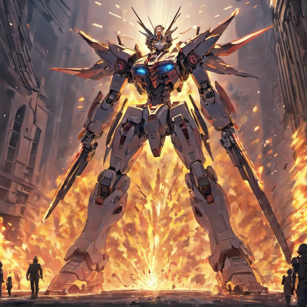 a scratched robot standing on a platform with fire in its mouth, War mechs fighting, mech machines firing bullets, mecha anime, An armored core on the ground, Modern mecha anime, Anime Bullet VFX, An Armored Core V, Barbatos Gundam, barbatos mobile suits, Discarded mech in background, An Armored Core V on the ground, great high quality artwork