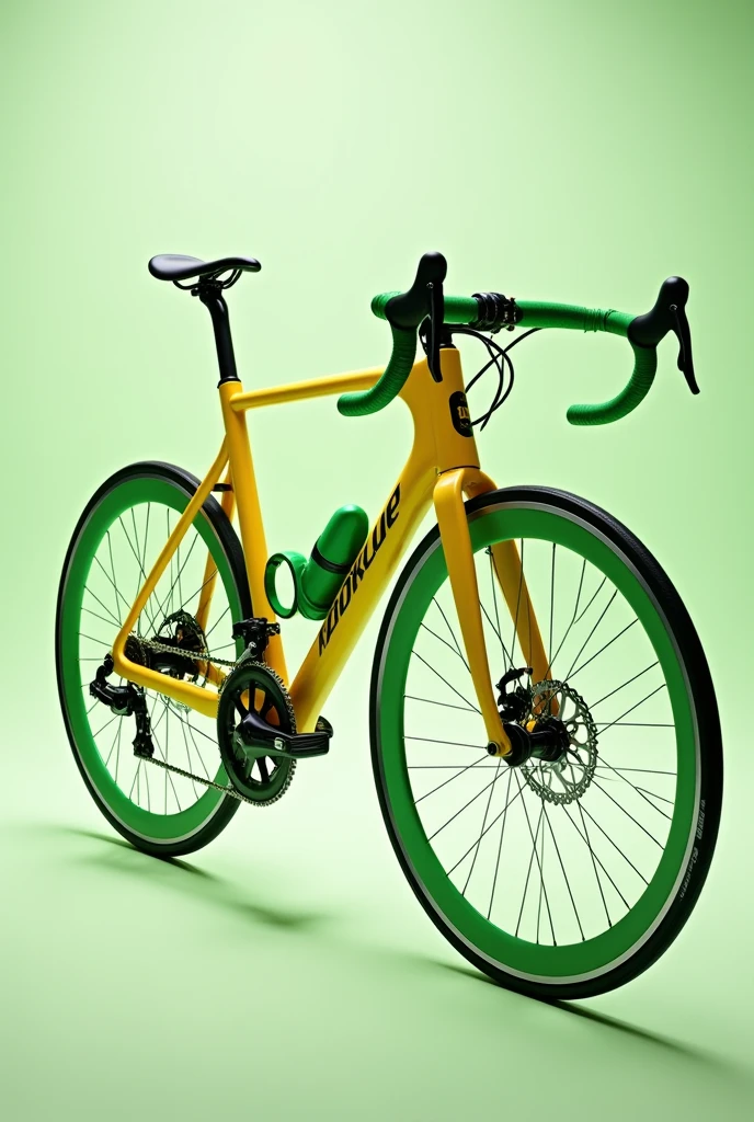 Create a yellow road bike with green tires and the handlebars with green bicycle tape