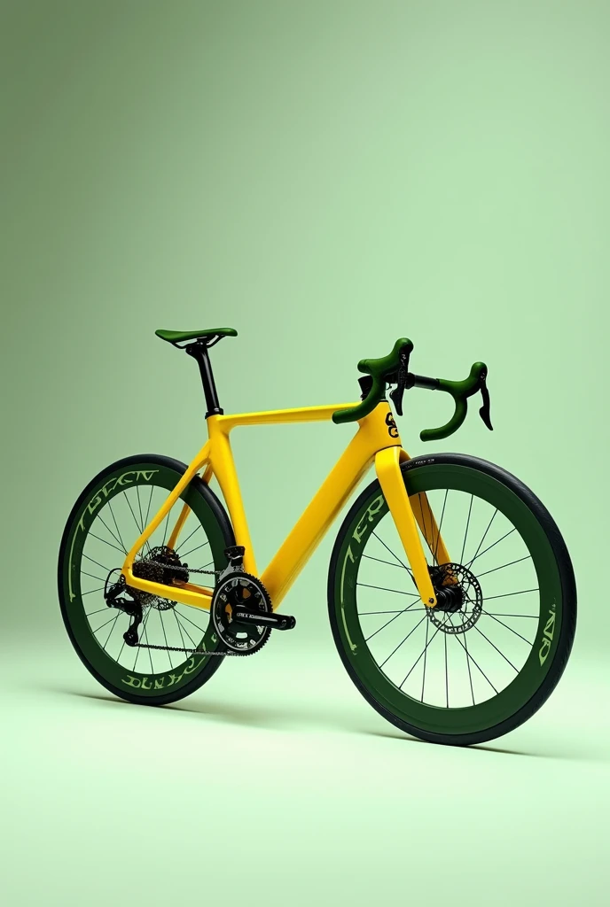 Create a yellow road bike with green tires and the handlebars with green bicycle tape