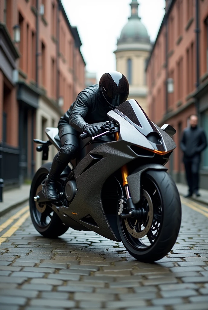 A motorcycle with features extremely similar to those of a McLaren P1, the motorcycle is on the streets of England.