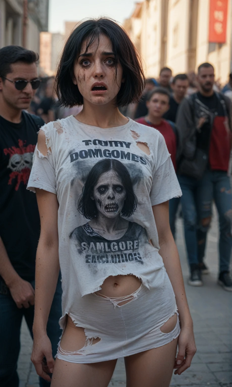 score_9, score_8_up, score_7_up, photo, woman, middle-aged, black hair, short haircut, scared, torn t-shirt, dirty t-shirt, standing in a crowd of zombies, (against the background of a crowd of zombies), looking at the viewer, post-apocalypse, zombies, gloomy photo
