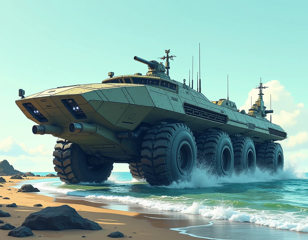 Design a large futuristic vehicle, a mixture of armed tank and passenger ship. With large wheels to move on land and a dynamic profile for navigation. Highly detailed, masterpiece design. Vector graphic style, comic, anime. Well illuminated, moving along the coast. more Longer than taller, equivalent to a passenger ship of the future. is a transport for 100 soldiers