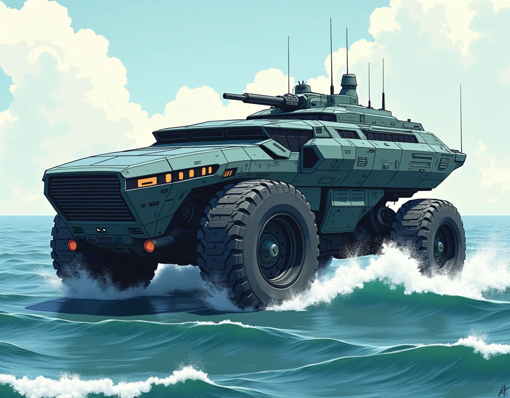 Design a large futuristic vehicle, a mixture of armed tank and passenger ship. With large wheels to move on land and a dynamic profile for navigation. Highly detailed, masterpiece design. Vector graphic style, comic, anime. Well illuminated, moving along the coast. more Longer than taller, equivalent to a passenger ship of the future. is a transport for 100 soldiers