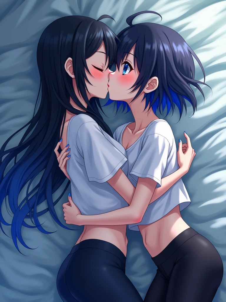 Anime girls kissing with tongue, blue lips in bed with leggings, white top, blue nails and black hair with blue lines