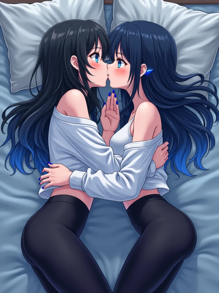 Anime girls kissing with tongue, blue lips in bed with leggings, white top, blue nails and black hair with blue lines