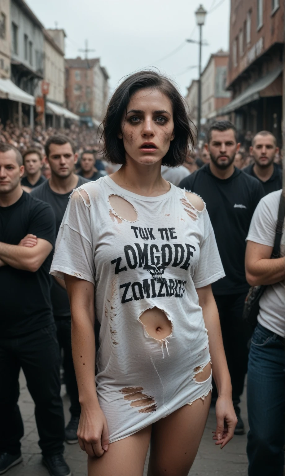score_9, score_8_up, score_7_up, photo, woman, middle-aged, black hair, short haircut, scared, torn t-shirt, dirty t-shirt, standing in a crowd of zombies, (against the background of a crowd of zombies), looking at the viewer, post-apocalypse, zombies, gloomy photo