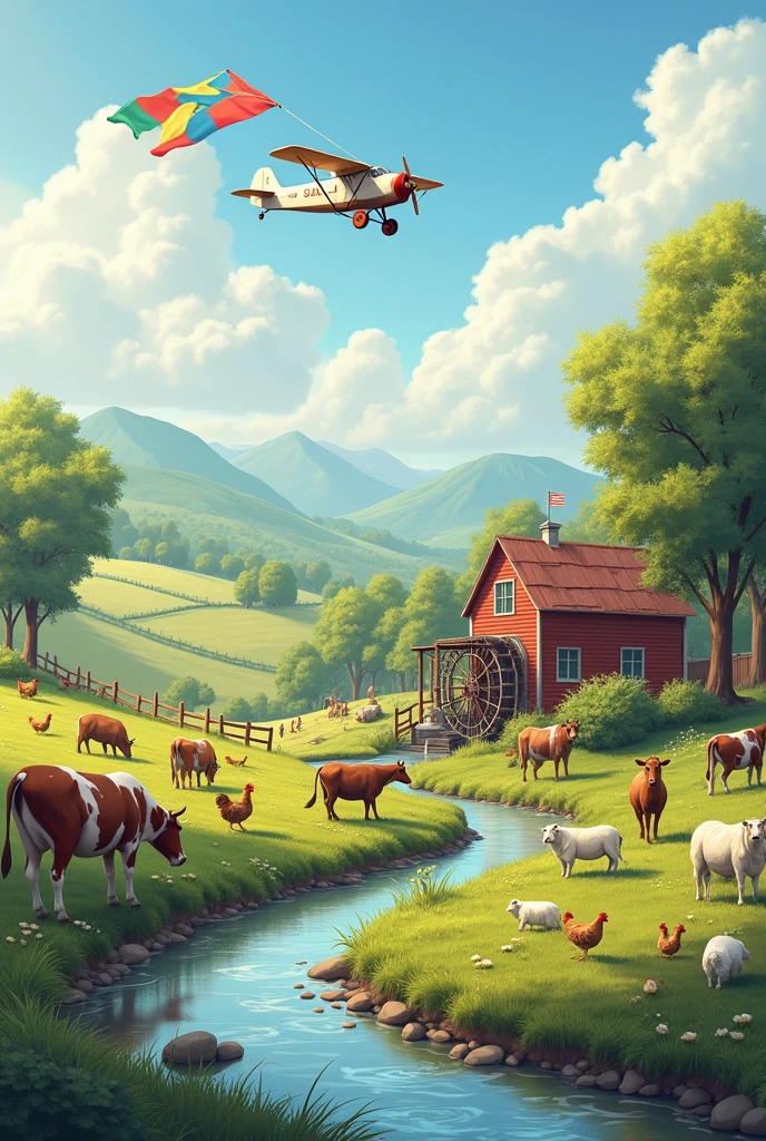 the farm the cow chickens horses sheep and a mill and a plane flying a banner