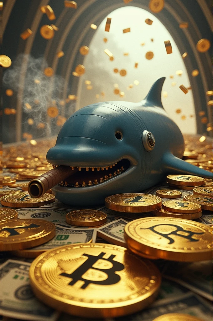 Whale with cigar in mouth in future plane huge dollars and gold bitcoin coins
