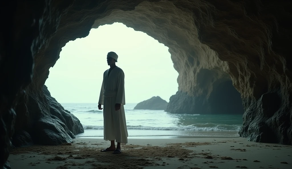 Create an image of a 35-year-old Indonesian man with a clean Southeast Asian face, wearing a white turban, a long white robe, white pants, and sandals resembling those worn by martial artists. He is spending the night in a cave near a southern beach. The scene should be detailed with dramatic, cinematic lighting, and the atmosphere should be mysterious and eerie. The image should be hyper-detailed, 8K resolution, ultra-sharp, and UHD.