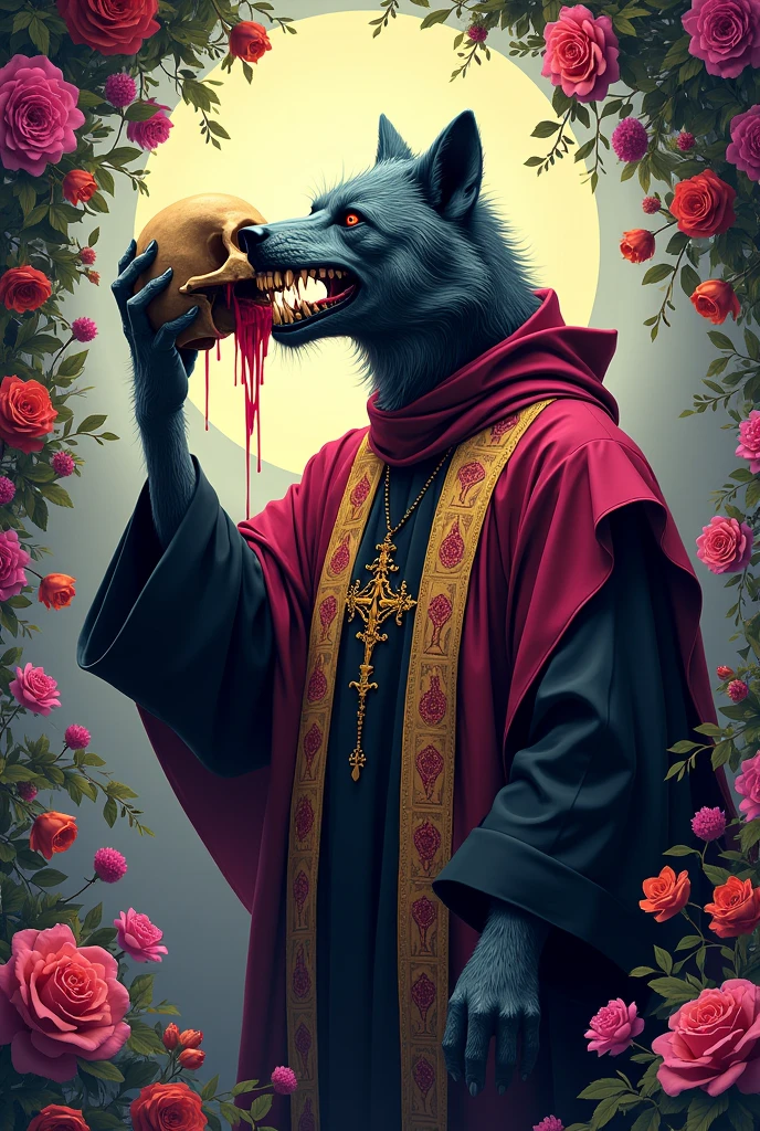a werewolf dressed as a priest drinking blood from a skull while having a colorful and flowery background