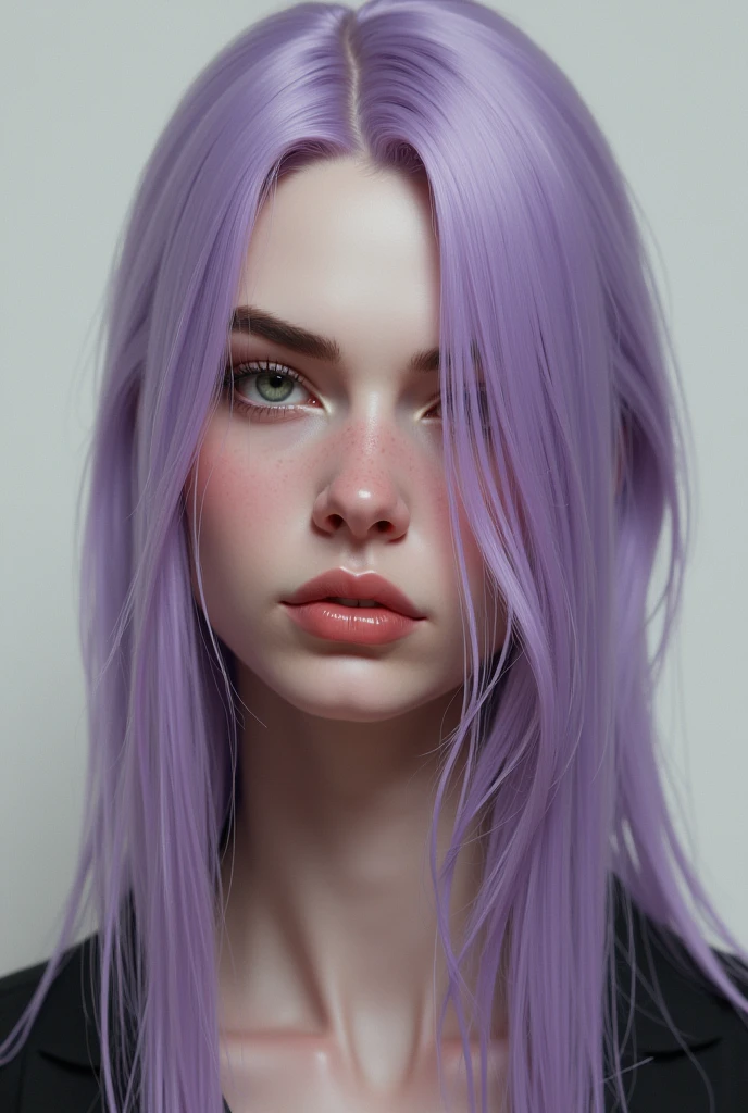 non binary person, white pale, with masculine features, green eyes, thick eybrows, wide jawline, big nose, lavender long straight hair