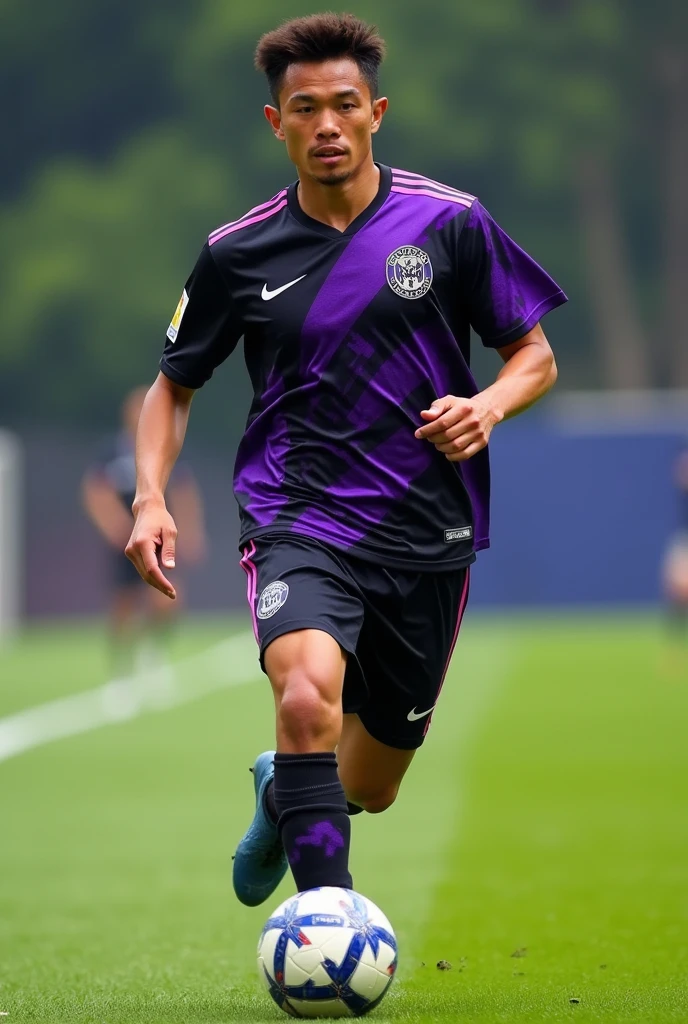 A purple and black soccer jersey with an uncommon and eye-catching design 