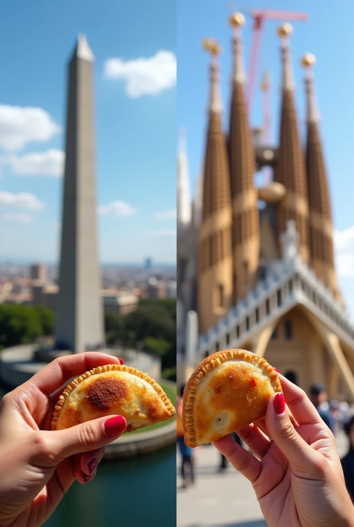 An Argentinian eating an empanada at the Obelisk and a Spaniard eating an empanada from the Sagrada Familia, but the photo is cut in half.