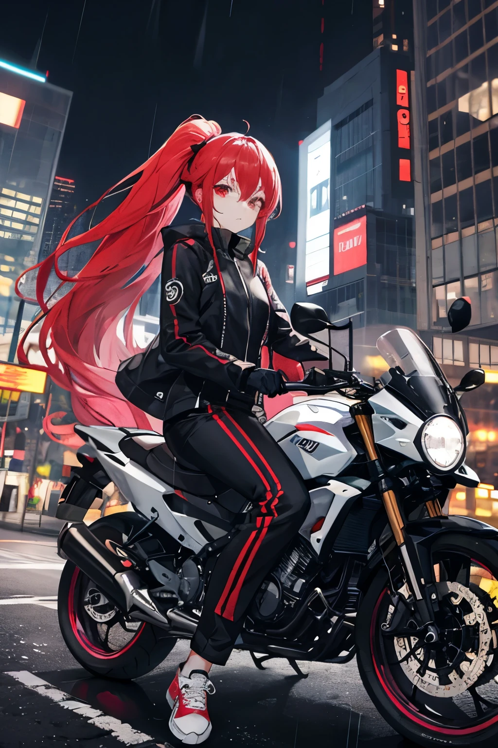 (masterpiece), best quality, BREAK, expressive eyes, (perfect face), 1girl, BREAK,( very long hair, red hair, ponytail), BREAK, (red eyes, agressive eyes, detailed eyes), BREAK, (sad expression), BREAK, (very tall height), (skinny build), BREAK, (leather motocycle jacket), BREAK, (black pants), BREAK, (sneakers), BREAK, (city at night), (rain)