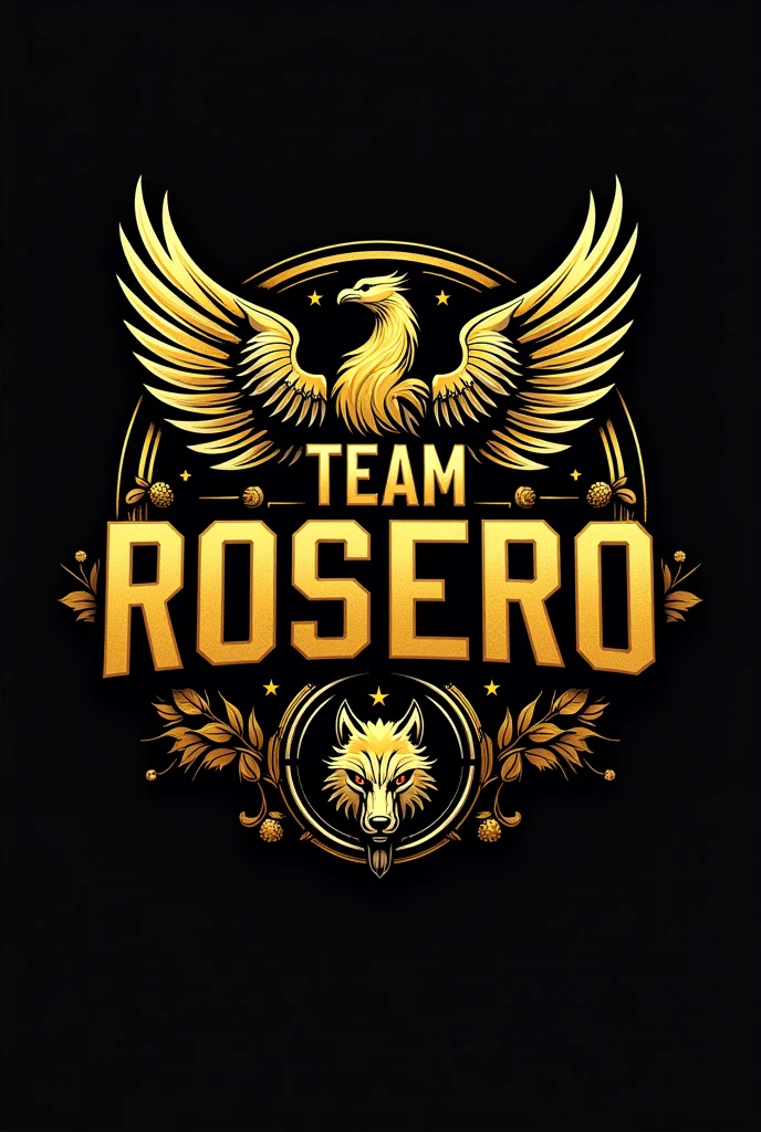I want a logo with the name Team Rosero in capital letters and an alternative phrase that says a lifestyle , gym look, gold style with phoenix , lobos , force , circular weights