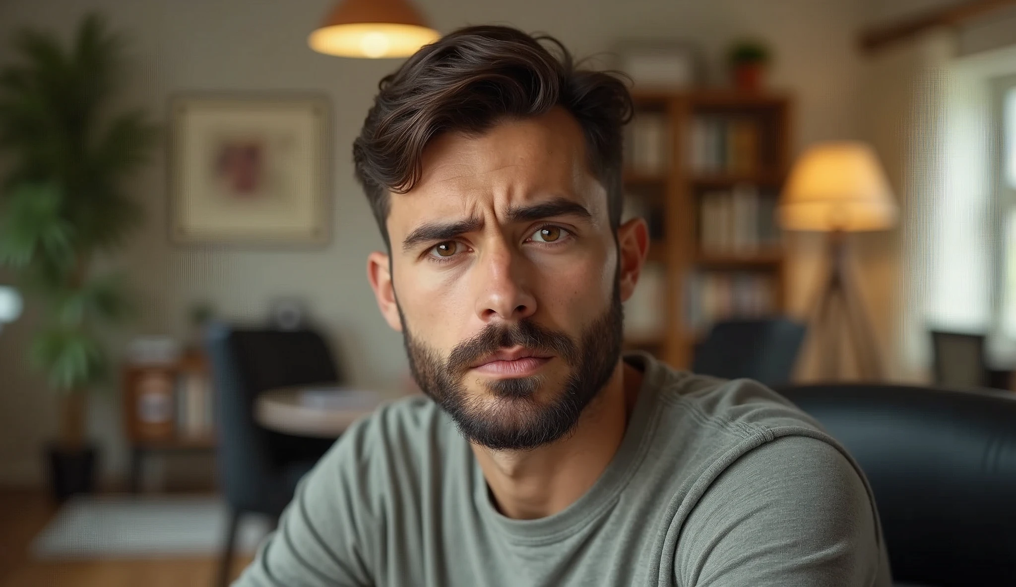 Portrait of a 35-year-old adult man with a youthful appearance, with himself as the main subject. He is in an indoor environment, suggesting an office. The man should be slightly to the right of center, looking directly at the camera with a serious, worried expression. He should have short, slightly wavy dark brown hair and a sparse beard evenly distributed across his face. The lighting should be natural, soft and from the side, evenly illuminating the man's face and creating subtle shadows. The blurred background should be an office, adding depth to the image. Items such as a desk, chairs, bookshelf, books, lamps and office objects should be present, but blurred so as not to distract the man's attention. Use a warm, natural color palette, with wood tones and soft, natural lighting, creating a welcoming, professional atmosphere. The photograph should capture extreme detail, with a high-quality rendering in 8k, with professional photographic quality. The image must be high resolution with attention to detail and realism.