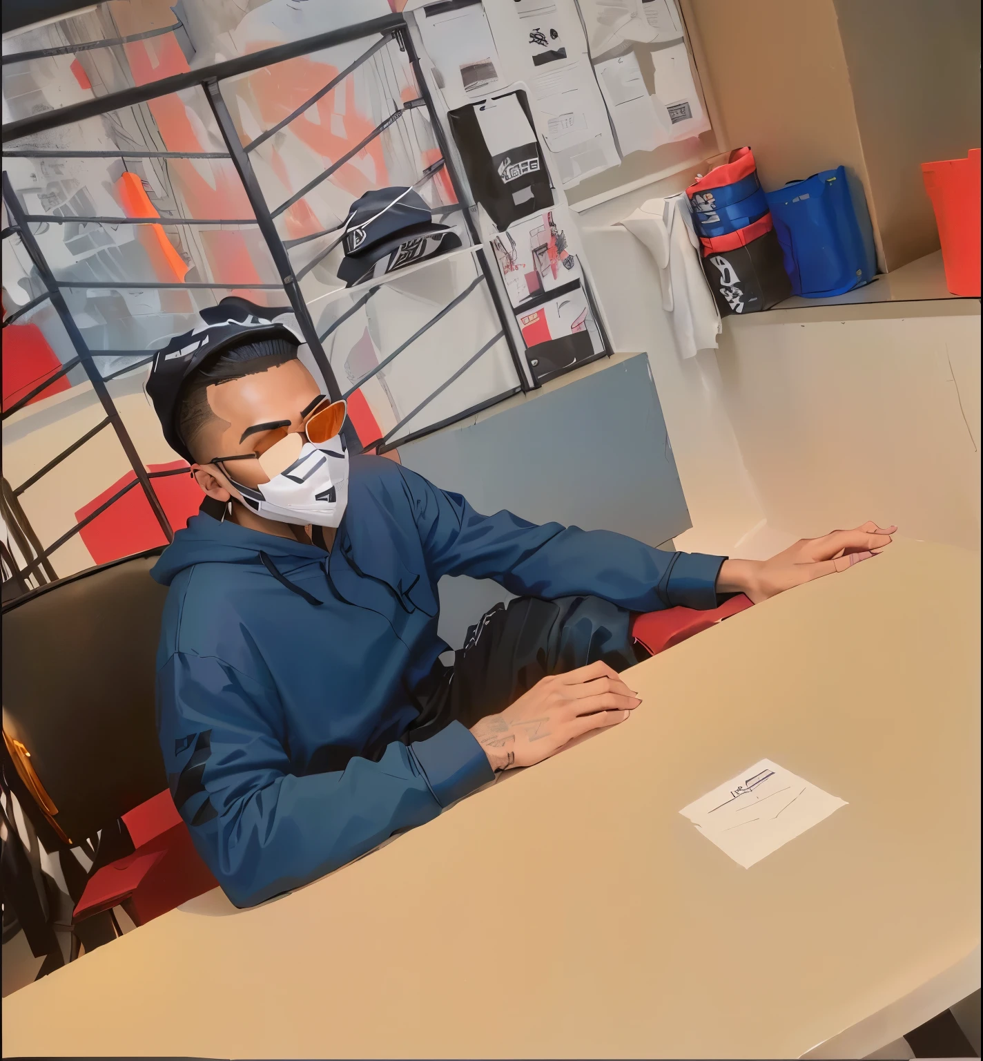arafed man sitting on a chair wearing a mask and sunglasses, streetwear fashion, fear of god style, casual streetwear, streetwear, outlive streetwear collection, japanese streetwear, hat and hoodie, wearing a hoody, masked person in corner, s clean lines, wearing white silk hood, white and black clothing, streetwear graphic design, white man with black fabric mask