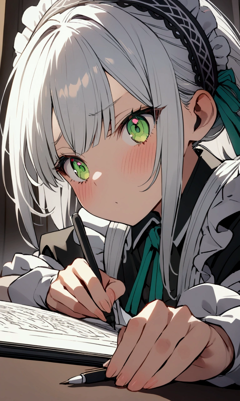 A maid with green eyes and long white hair is writing furiously.