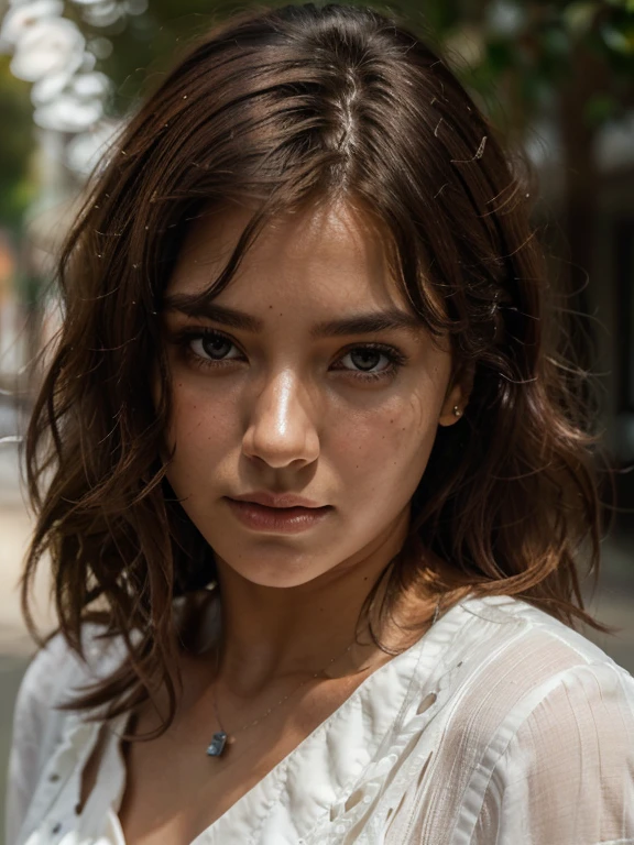 (8k, highest quallity, work of art: 1.2), ultra detail, highest quallity, ultra-high resolution, professional lighting, photon mapping, radiosity, Physically based rendering, cinematic lighting, Depth of field, concentrating, Sun'rays, good composition, (bokeh: 1.2), 1womanl, (halfbody), series, olhos amendoados, eyes browns, sad eyes, elongated face, dark brown skin, rosto com rugas, tired pose, chestnut hair, shorth hair, curly hair, white blouse, hand under chin,