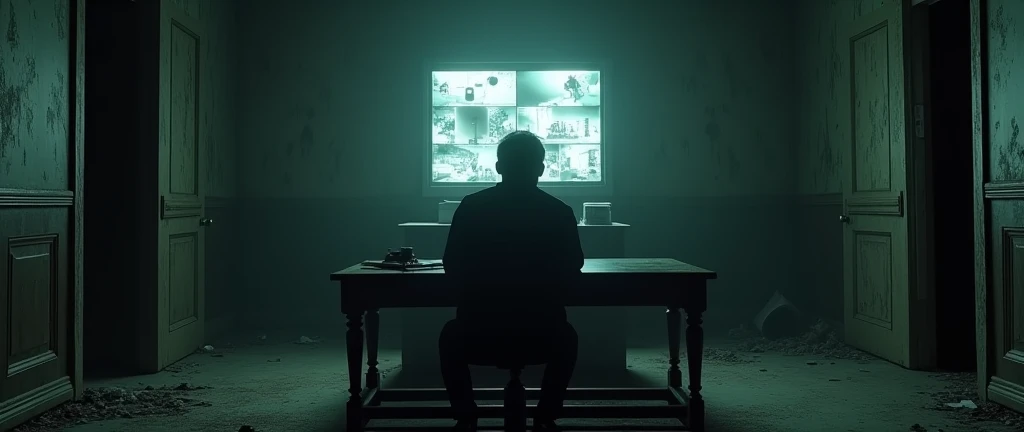 I want a realistic image of an office inside a dark and gloomy house. The image needs to be in first person (First-person view, seated view in front of the bench), with a bench and a monitor (screen) old to look at the security cameras in the middle, and two half-open doors on either side of the bench.