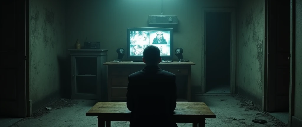 I want a realistic image of an office inside a dark and gloomy house. The image needs to be in first person (First-person view, seated view in front of the bench), with a bench and a monitor (screen) old to look at the security cameras in the middle, and two half-open doors on either side of the bench.