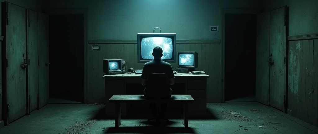 I want a realistic image of an office inside a dark and gloomy house. The image needs to be in first person (First-person view, seated view in front of the bench), with a bench and a monitor (screen) old to look at the security cameras in the middle, and two half-open doors on either side of the bench.