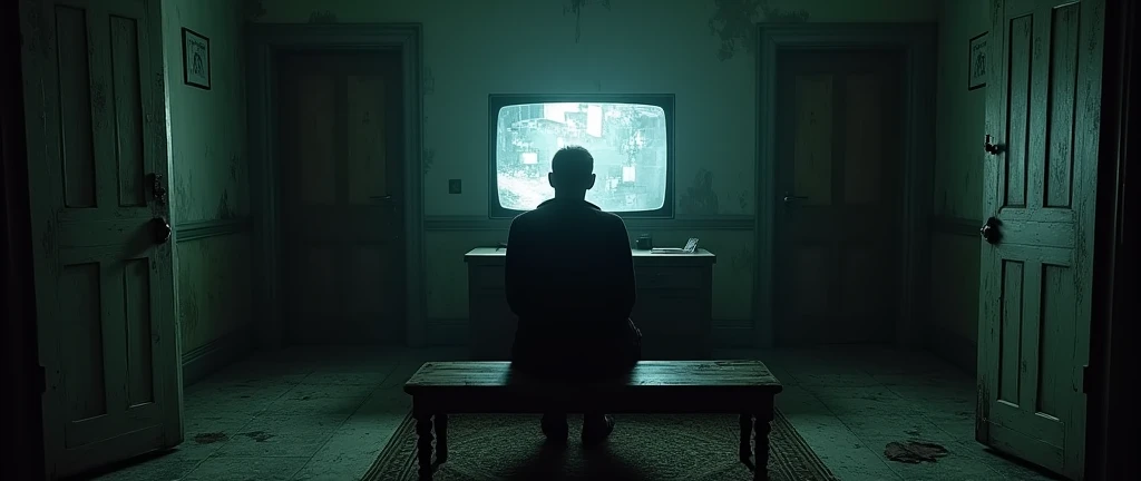 I want a realistic image of an office inside a dark and gloomy house. The image needs to be in first person (First-person view, seated view in front of the bench), with a bench and a monitor (screen) old to look at the security cameras in the middle, and two half-open doors on either side of the bench.