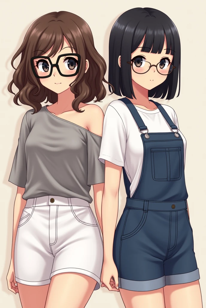 2 girls, a white girl with black eyes and glasses, with brown curls and a short white skirt with a gray shirt that shows off one shoulder and the other girl is brunette with straight black hair and black eyes wearing a short overall., A white top with straps and blush