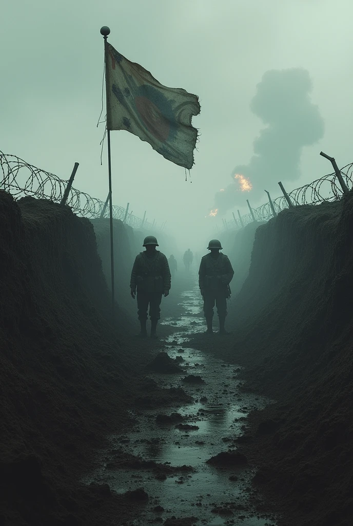 a dark and muddy trench, full of exhausted soldiers with empty looks. The bottom would be shrouded in dense fog, with barbed wire stretching to the horizon. About them, the sky is grey and cloudy, with artillery explosions illuminating the scene. On one side of the image, A torn flag or broken military helmet could be included to symbolize hopelessness and destruction.