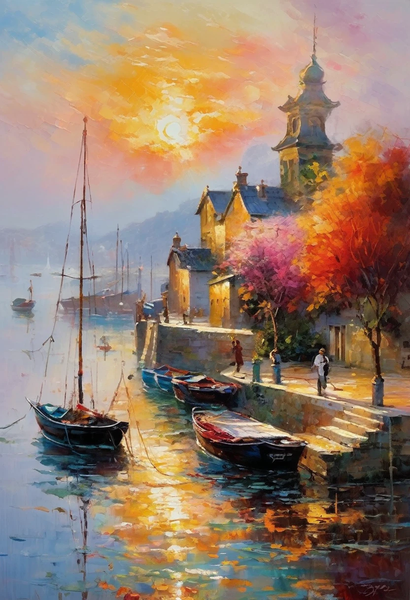 Cozy rooms, Big oil on the wall, Painter of Light, Monet's paintings, Impressionist painting, oil, Harbour sunrise scenery, The sea is depicted with bold, improvised brushstrokes、A distant view of the port, completely shrouded in mist, The rising red sun is the accent, The soft colors and gentle brushstrokes create a tranquil atmosphere.。The focus of the image is on impression、The painting itself is a masterpiece、Impeccable writing、Bold brushstrokes、Impressionist feeling, The mysterious beauty of that moment, The wall on which the painting hangs is decorated with an elegant frame.、Enhances the overall aesthetic appeal。Warm lighting、The elegant combination of rooms creates an enchanting atmosphere.、It invites the viewer to immerse themselves in the serenity and beauty of the depicted moment.。The image is、To truly capture the essence of the painting and its surroundings、Top quality with high resolution and ultra-detailed rendering。The art style is、Emphasis on realistic and photorealistic expression、Reflecting traditional oil techniques。The colors are warm and inviting、Highlight the rich colors of the sunset、Infuse a room with a warm glow。Lighting、Make your painting stand out、Add depth and dimension to the entire scene。